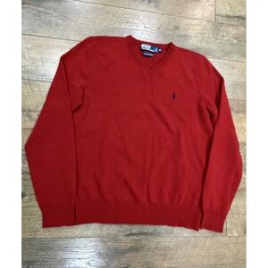 Vintage Polo Ralph Lauren Lambs Wool Knit Sweater V Neck Red Medium Pullover